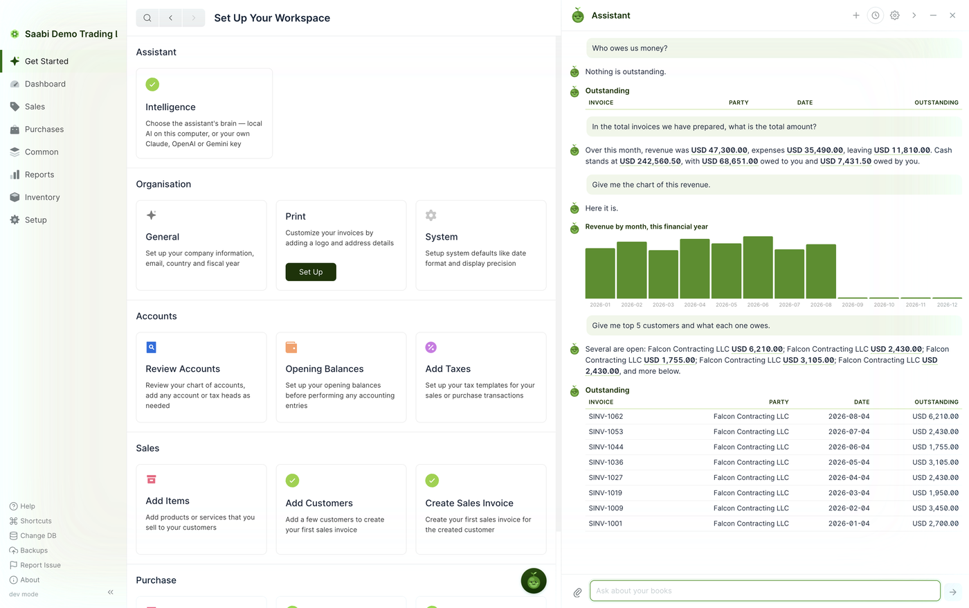 Saabi Desktop with the assistant panel open beside the Get Started page. It has answered who owes money, reported the month's revenue and expenses, drawn revenue by month as a bar chart and listed the outstanding invoices in a table, all from the company file
