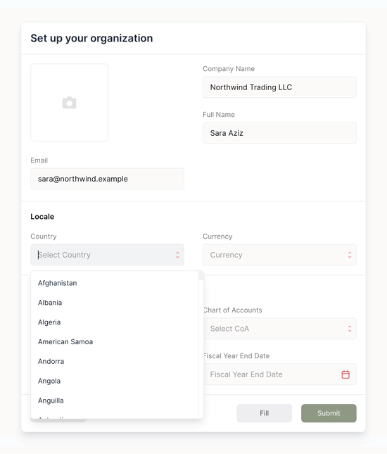 The Set up your organization form with the Country dropdown open at Afghanistan, Albania, Algeria and on down the list. Currency and Chart of Accounts sit below, waiting to be filled in from the country
