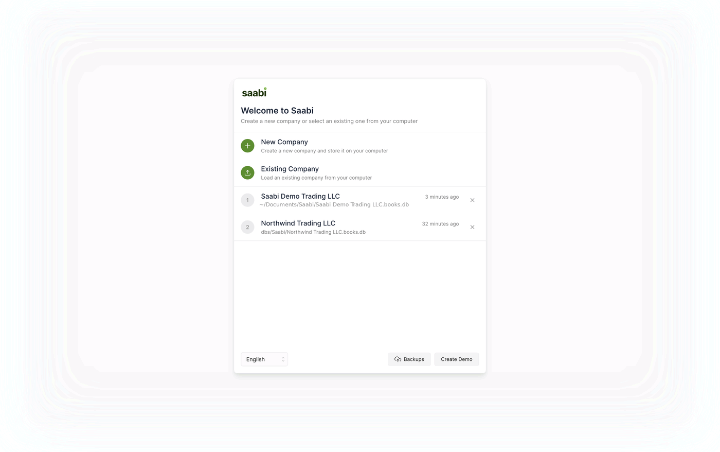 The Welcome to Saabi screen. The two green actions at the top create or open a company; the numbered rows beneath them are companies opened recently