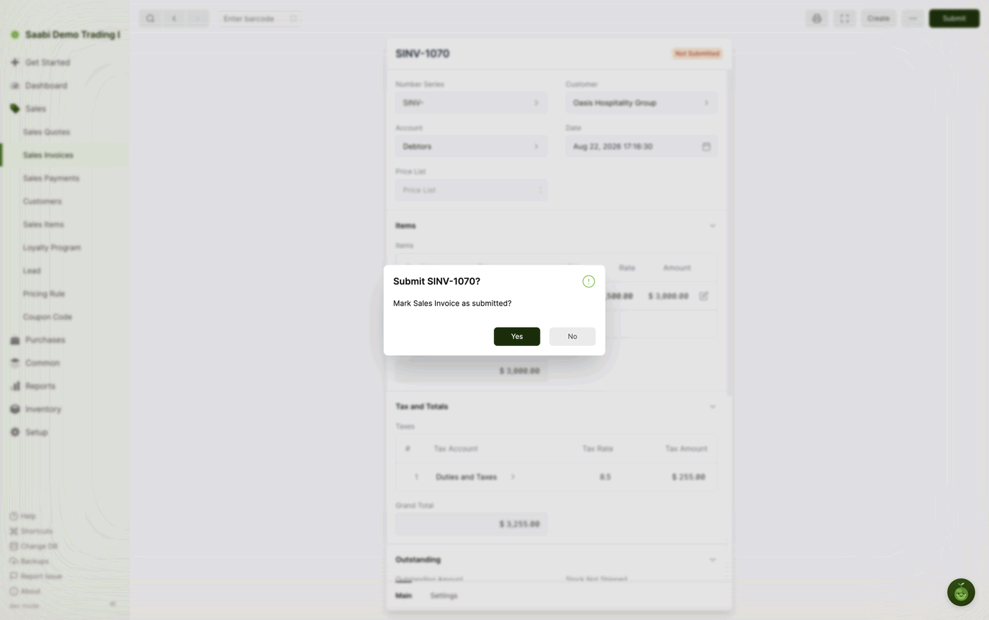 The submit confirmation — "Submit SINV-1070?" and "Mark Sales Invoice as submitted?", the last point at which the invoice can still be changed