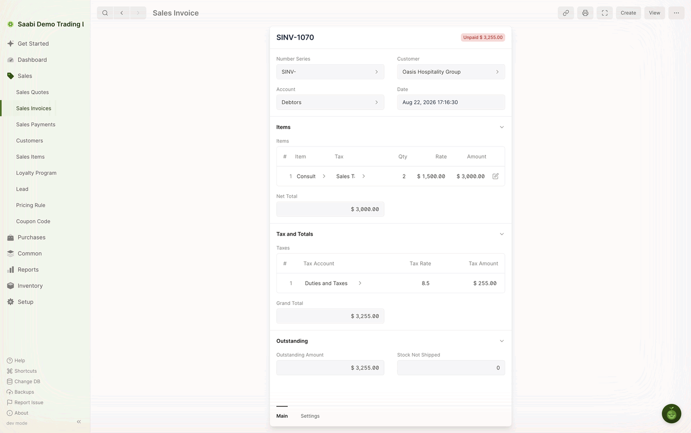 The submitted invoice — an Unpaid $ 3,255.00 badge in the header, the same figure repeated in Outstanding Amount, and View and … added to the toolbar