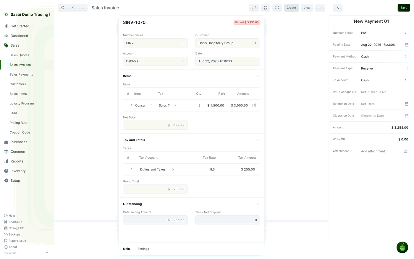 The payment panel open beside the invoice — the amount is pre-filled from the outstanding balance, so a payment in full needs no typing at all