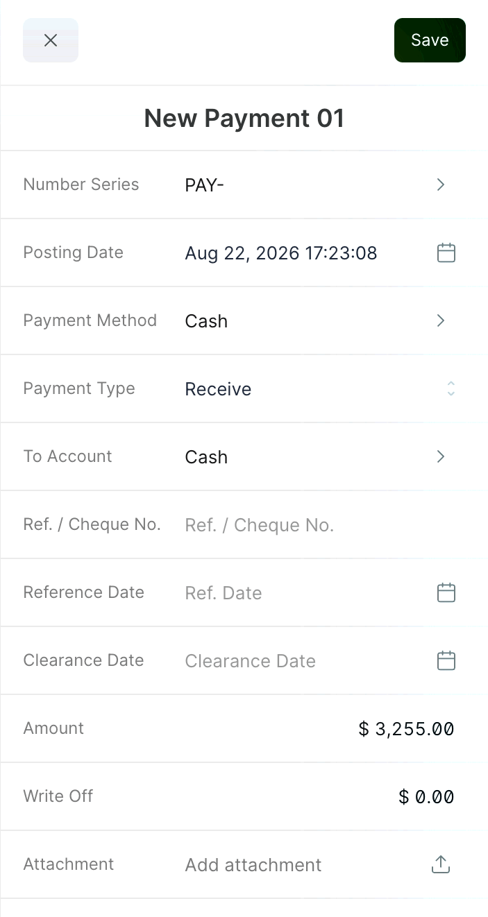 The payment panel's fields — payment method, type, receiving account, reference and clearance dates, amount and write off