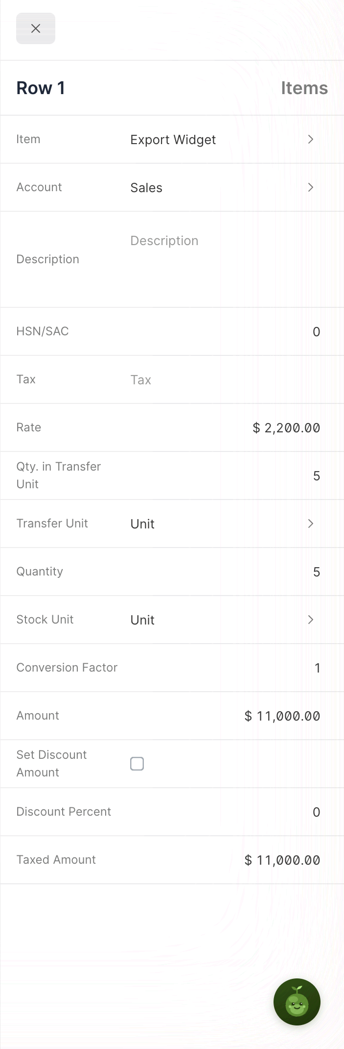 The row panel — item, account, description, HSN/SAC, tax, rate, transfer and stock quantities, amount, discount fields and taxed amount