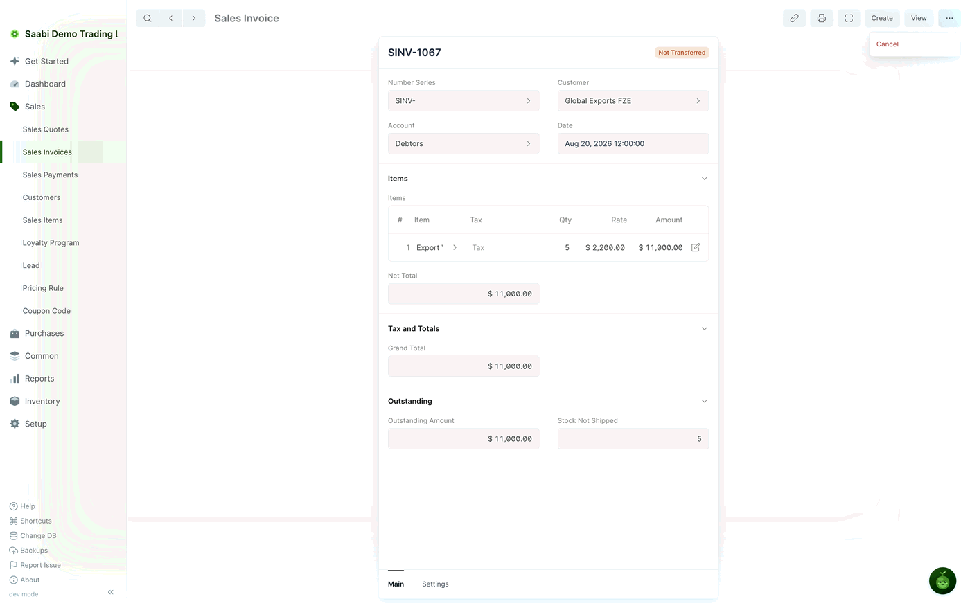 The … menu on a submitted invoice, offering Cancel