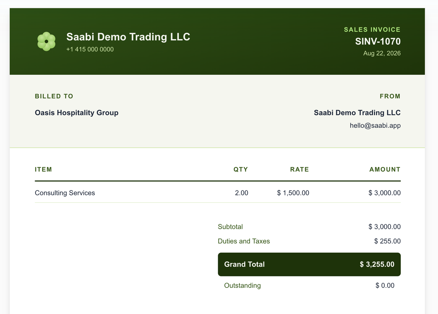 A sales invoice rendered with the Saabi template: the green header band carries the company name and phone, and the grand total sits in a matching band above the outstanding amount