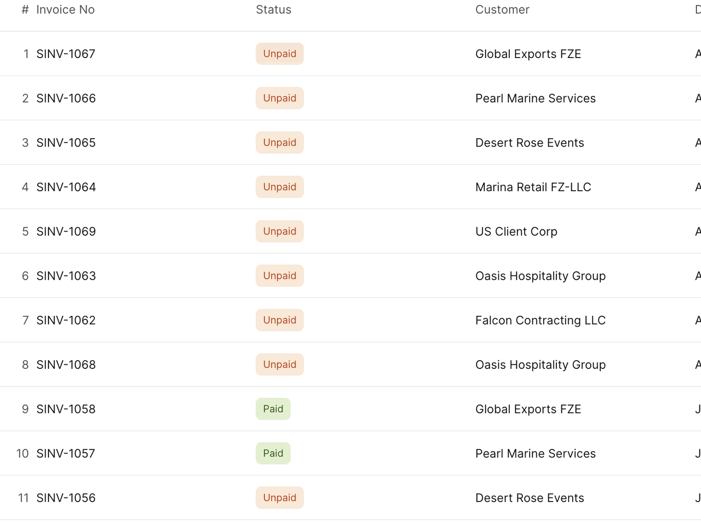 The Status column in the Sales Invoice list; unpaid invoices are amber, settled ones are green