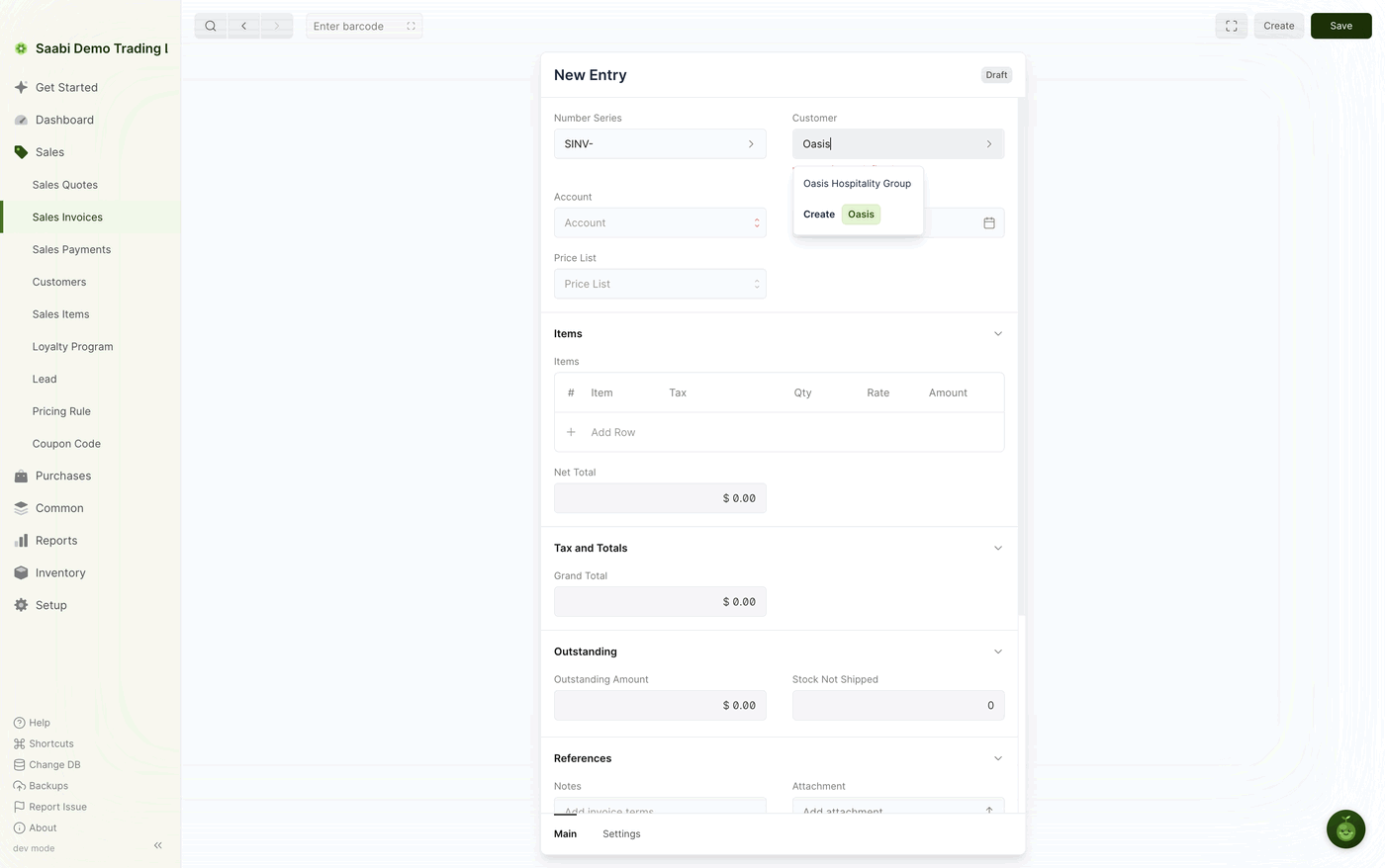 Typing into the Customer field on a new invoice — the matching customer appears in a list under the field
