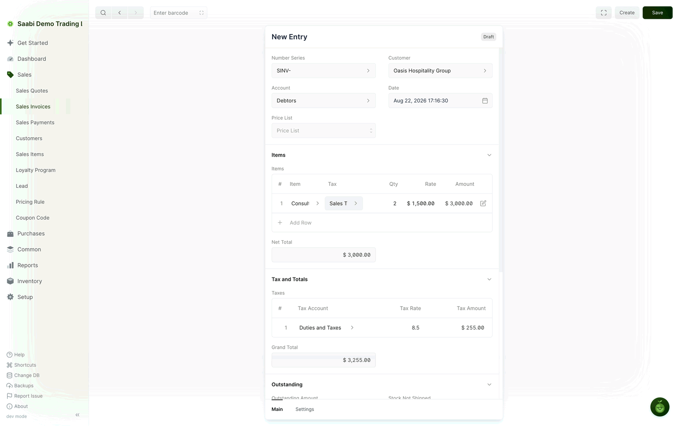 A draft invoice with the party selected. The party is what decides the currency of the rates, the Net Total and the Grand Total shown on the form