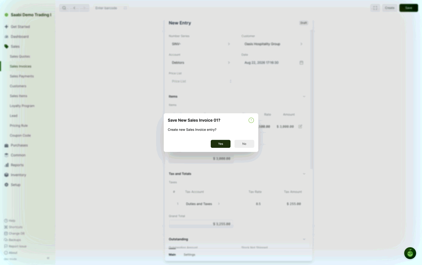 The save confirmation over the filled draft — the invoice is not written to the file until you answer Yes