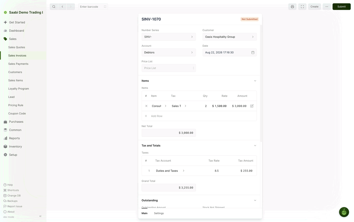 The saved invoice SINV-1070 in its Not Submitted state — the number is assigned, the Submit button has appeared in the toolbar, and each item row now carries a delete control