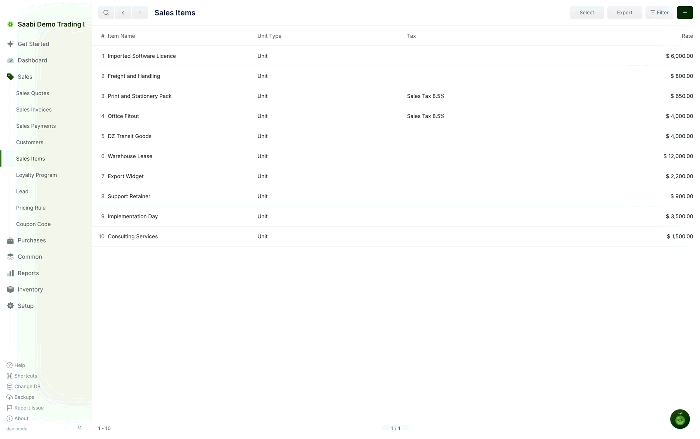 The Sales Items list for Saabi Demo Trading LLC — ten items with their unit type, default tax and rate, which is what an invoice row picks up when the item is chosen