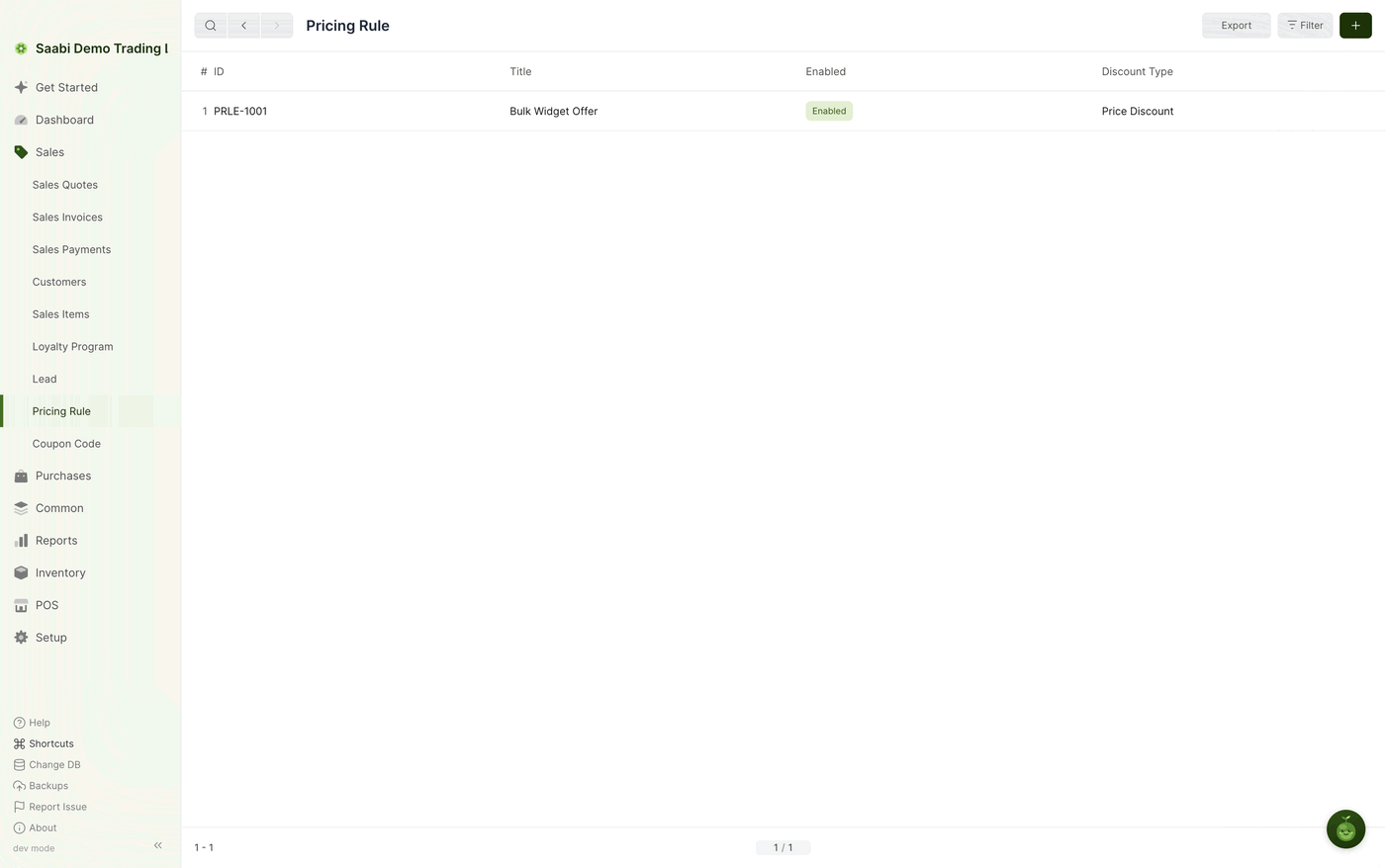 The Pricing Rule list. The Enabled and Discount Type columns are what you scan once several rules are running