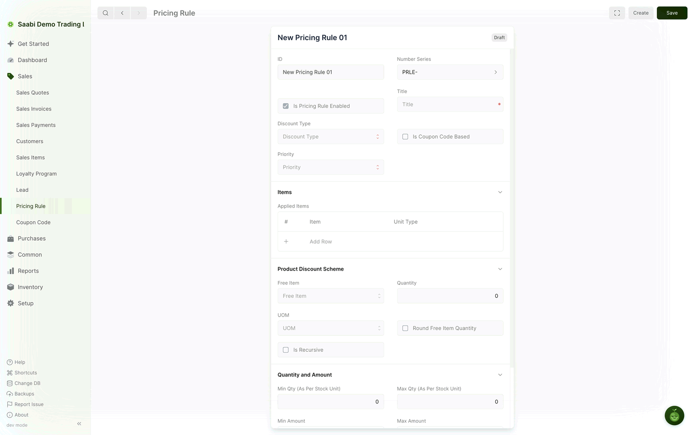 A new pricing rule — identity and discount type at the top, the Applied Items grid in the middle, and the product discount scheme below