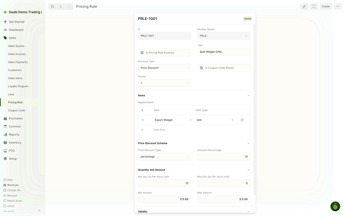 A saved rule. Ten per cent comes off Export Widget once ten or more units are on the line, and Priority 1 decides which rule wins when another one also matches