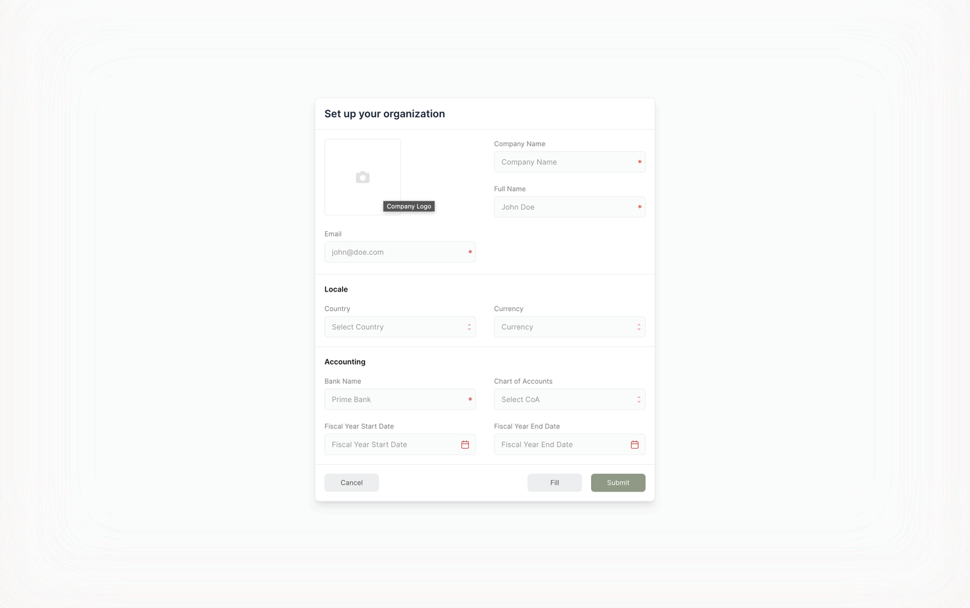 The empty Set up your organization form. Fields marked with a red asterisk must be filled in before Submit becomes available