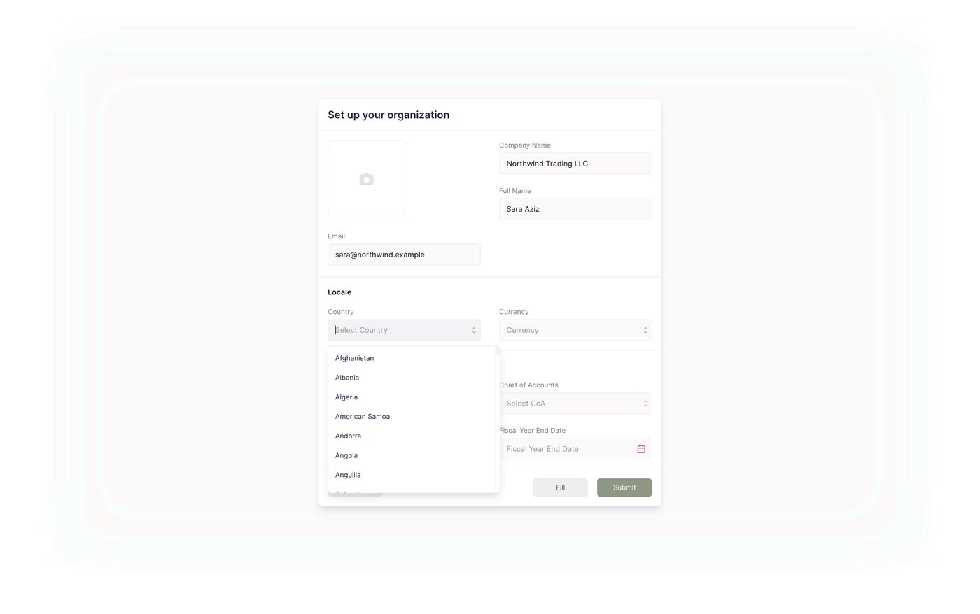 The Country dropdown open. Selecting a country fills in the Currency and Chart of Accounts fields below it