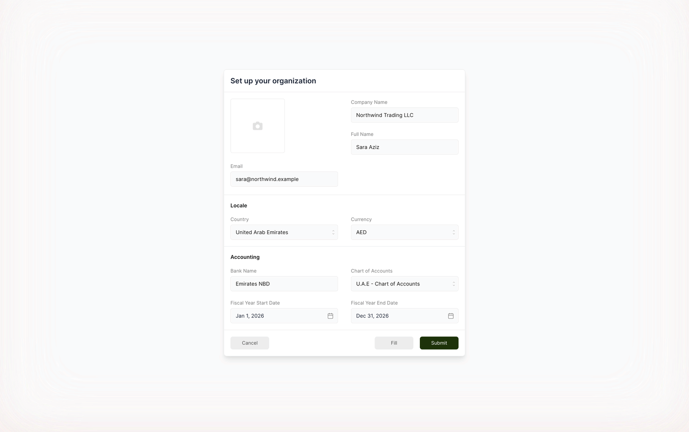 The completed form. The country has filled in both the currency and the matching Chart of Accounts, and Submit is now active