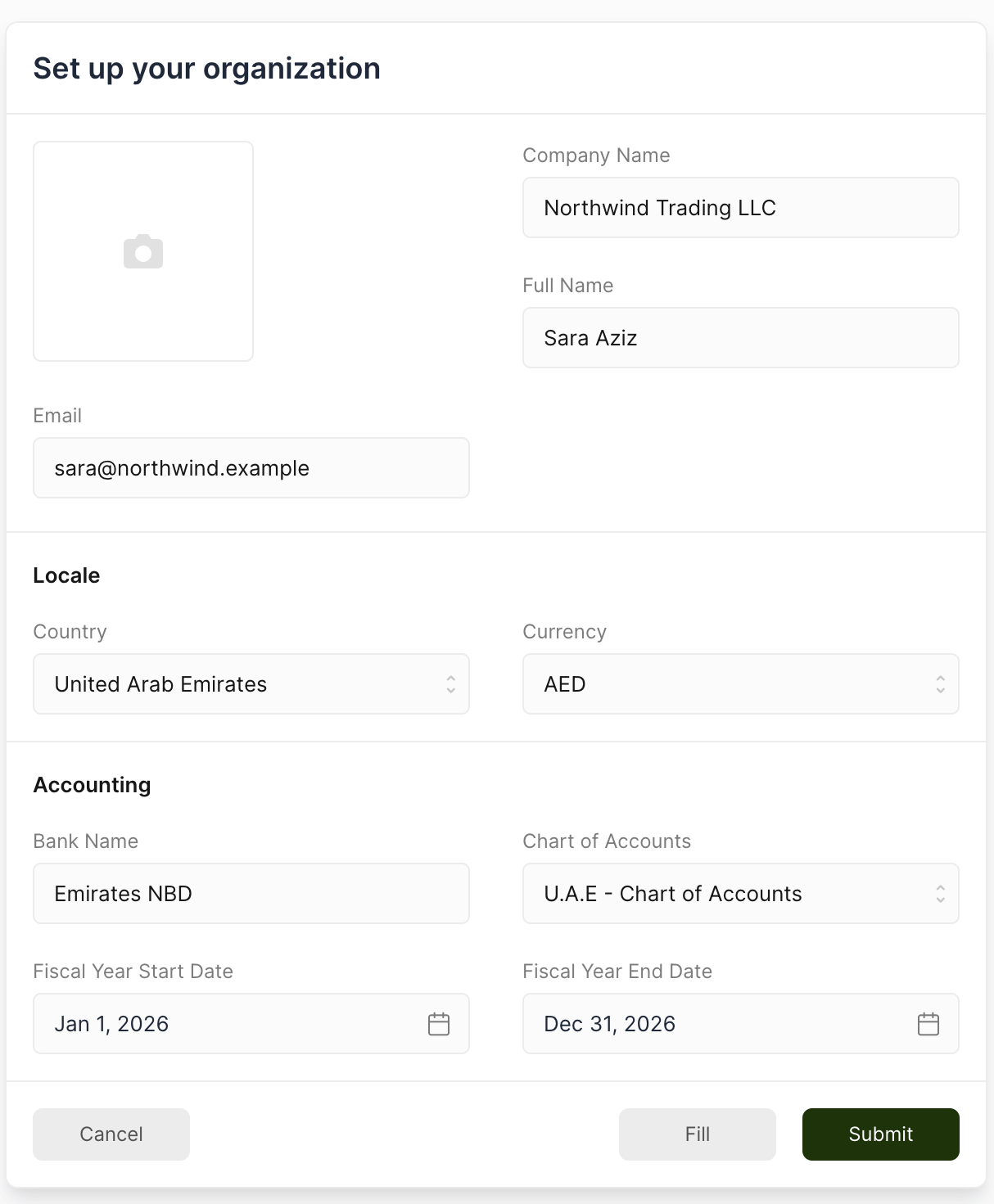 The Accounting section of a completed form, with the bank name entered, the chart of accounts selected from the country and the fiscal year set