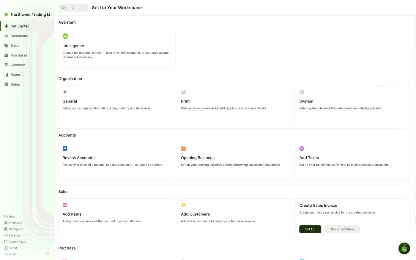 A newly created company on the Get Started page: every card is still open except Intelligence, which is already ticked because the assistant is configured for the computer rather than the company