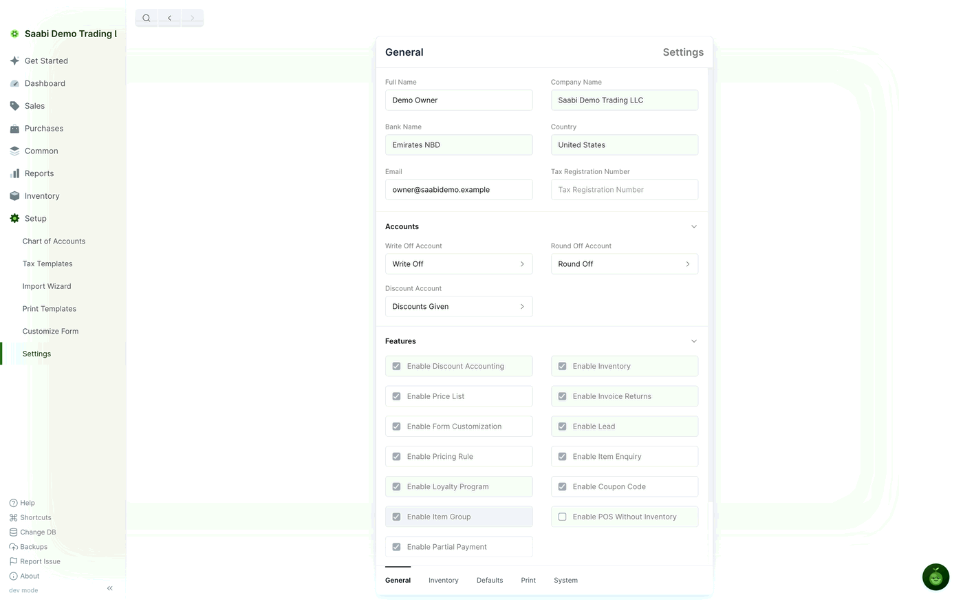 Settings opens on the General tab; the tab strip along the bottom of the card is how you move between General, Inventory, Defaults, Print and System