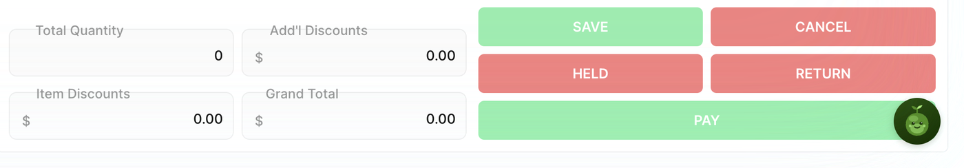 The foot of the till screen — the running totals on the left and the five actions on the right, with PAY given the full width
