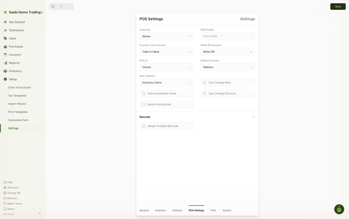 The POS Settings tab, which appears as a sixth tab once point of sale is enabled