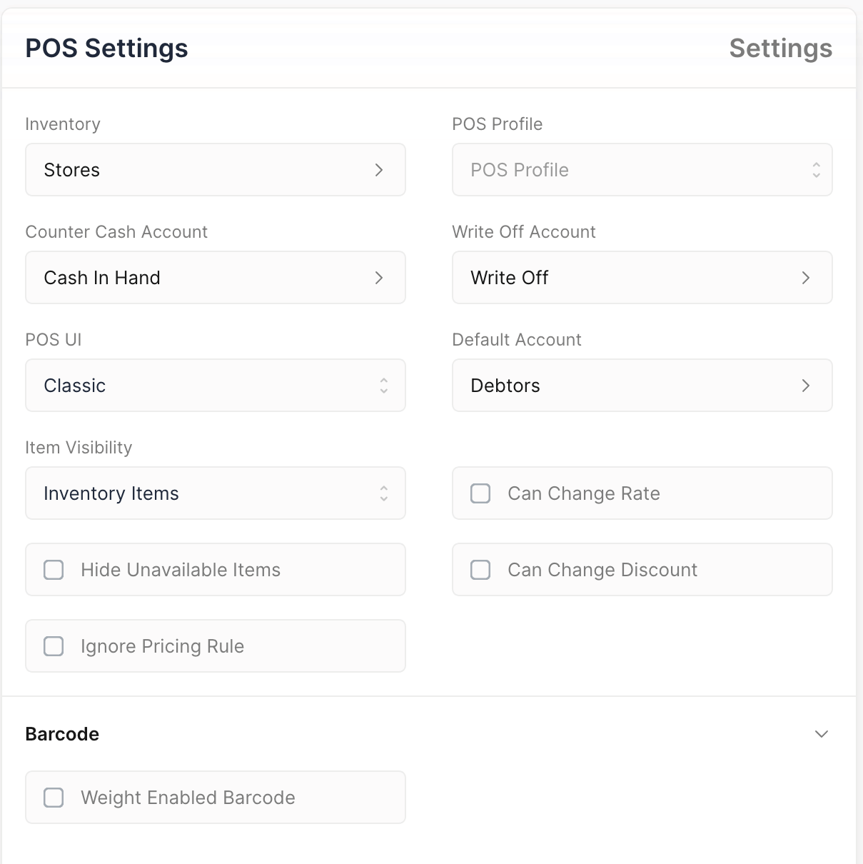 The POS settings in close-up — the accounts the till posts to on the left and the right, and the checkboxes that decide what a cashier is allowed to change