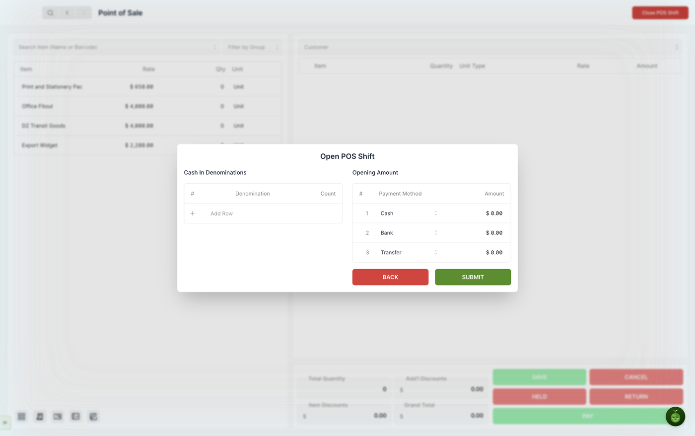 The Open POS Shift dialog over the till screen — no selling is possible until the opening float has been recorded and submitted