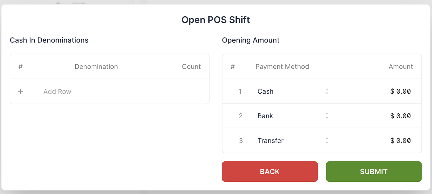 The dialog in close-up — cash counted by denomination on the left, opening amounts per payment method on the right