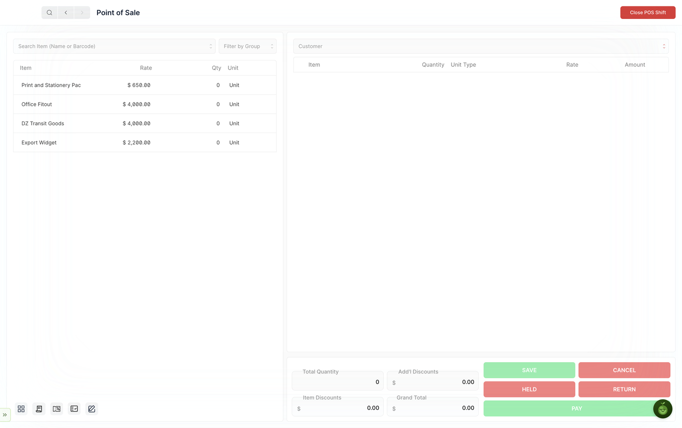 The till at the start of a shift — items to sell on the left, the empty cart and customer field on the right, totals and action buttons across the bottom