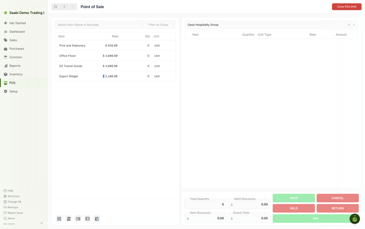 The same till with the app sidebar open — POS now sits between Inventory and Setup, and Close POS Shift stays in the top right throughout the shift