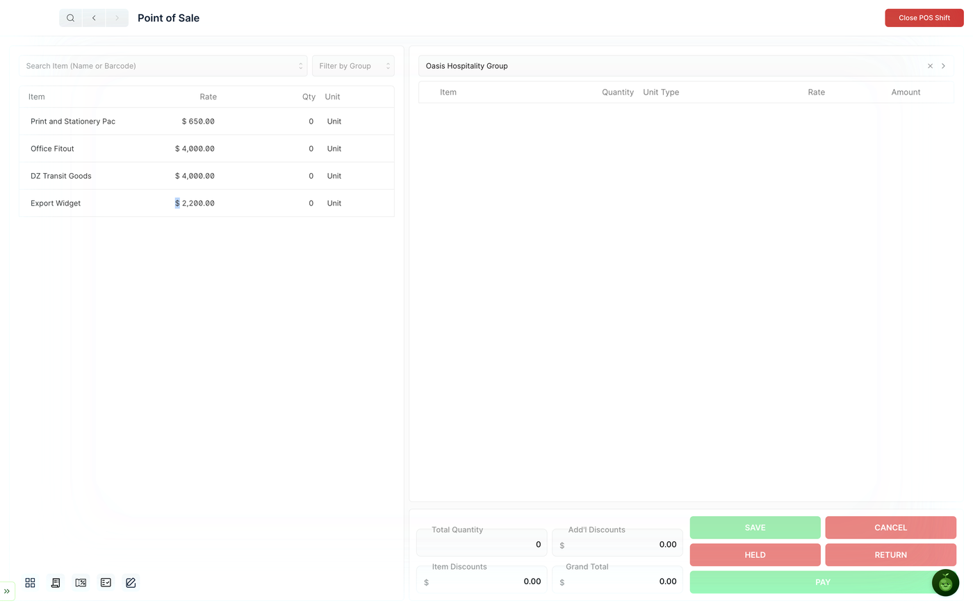 The cart with a customer selected — the × clears the selection and the arrow opens the customer's record