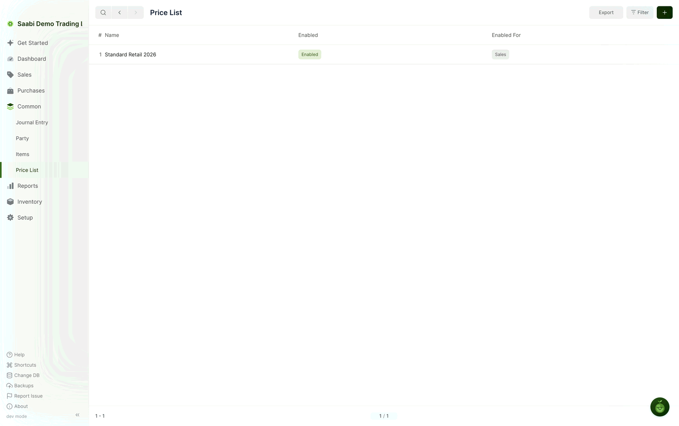 The Price List page. The Enabled and Enabled For columns show at a glance which lists are live and whether they apply to sales, purchases or both