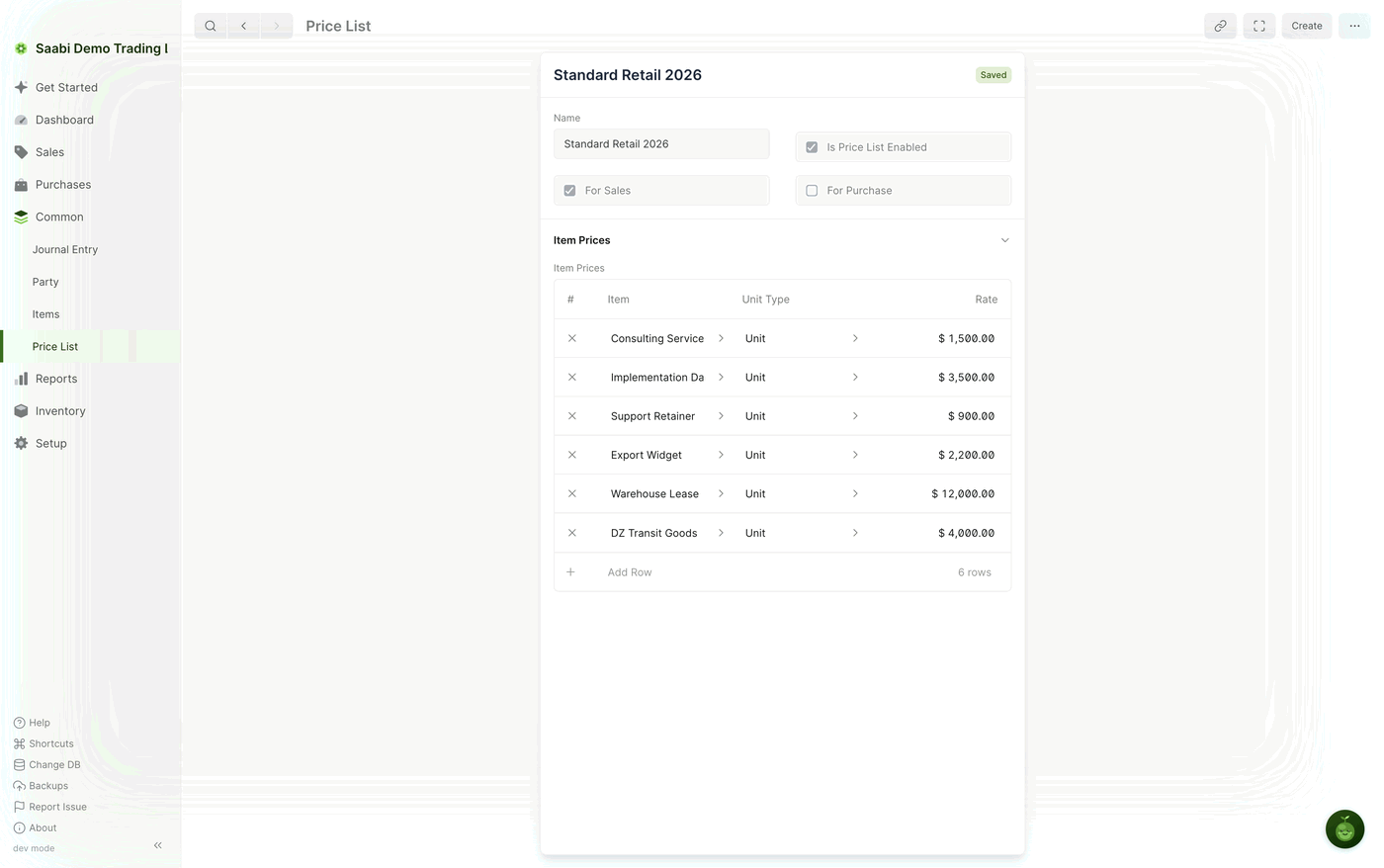 A price list with its Item Prices grid. The three checkboxes at the top control whether the list can be used at all and which side of the business it applies to