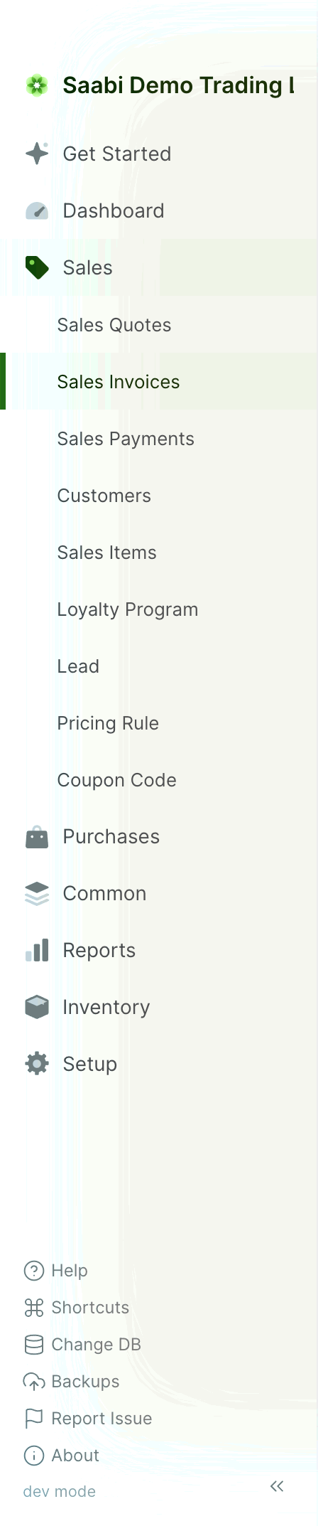 The sidebar with the Sales group expanded. The active item carries a coloured bar on its left edge; the footer links sit at the bottom