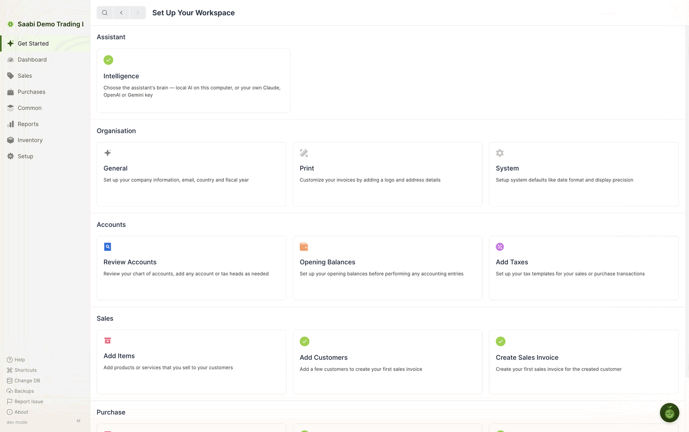 The top of the Set Up Your Workspace page: the Assistant, Organisation, Accounts and Sales card groups