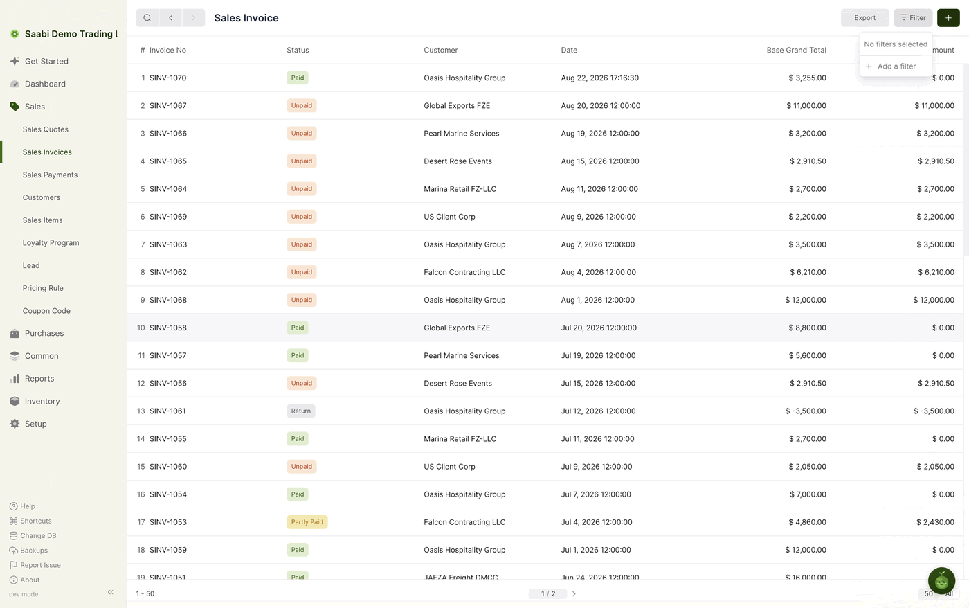The Filter panel over the Sales Invoice list, before any filter has been added