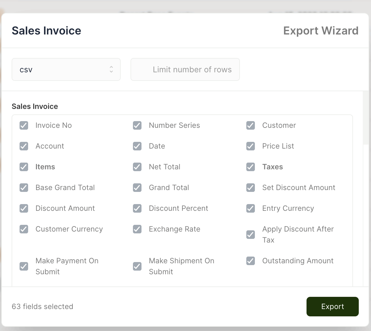 The Export Wizard for Sales Invoice. Every field is ticked by default; the footer counts the selection beside the Export button