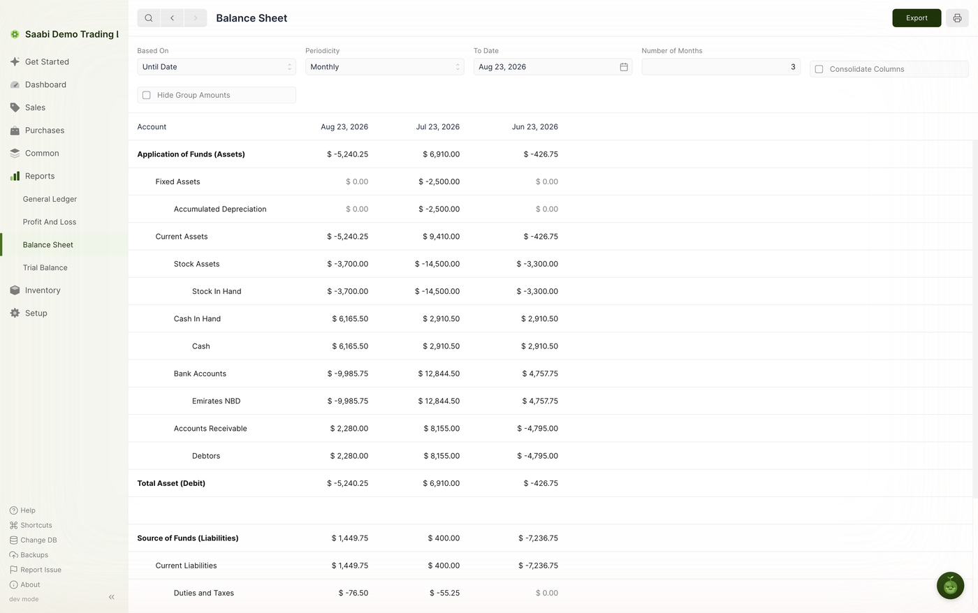 The Balance Sheet with three monthly columns. Assets are grouped under Application of Funds and totalled as Total Asset (Debit), with liabilities and equity following below
