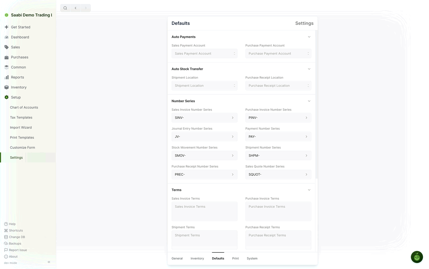 The Defaults tab. Auto Stock Transfer sits between Auto Payments and Number Series, and both of its Location fields are empty in the demo file