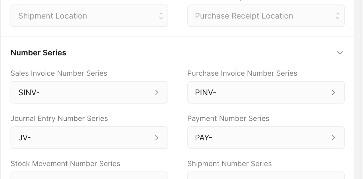 The Auto Stock Transfer fields and the start of the Number Series section, where each entry type is given its own prefix