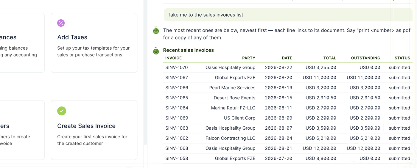 Recent sales invoices returned as a linked table. Each line opens that document