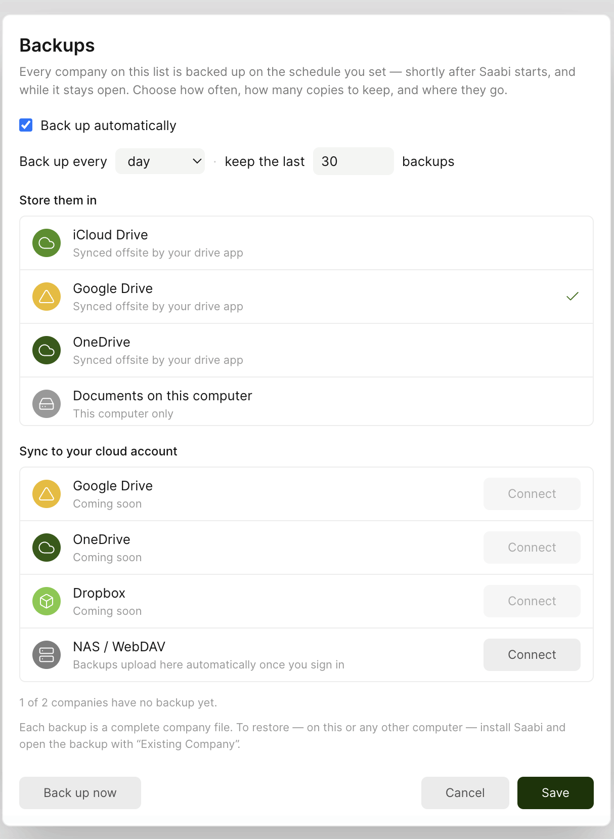 The Backups settings. One schedule covers every company on the list