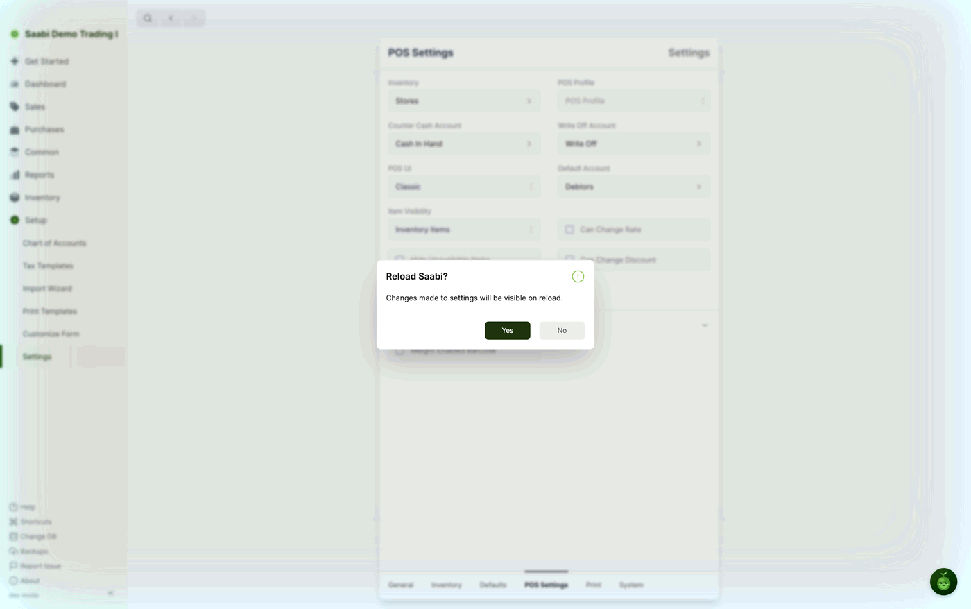 Reload Saabi? — the prompt shown after a feature switch is changed; the change is stored either way, but the interface only catches up on reload