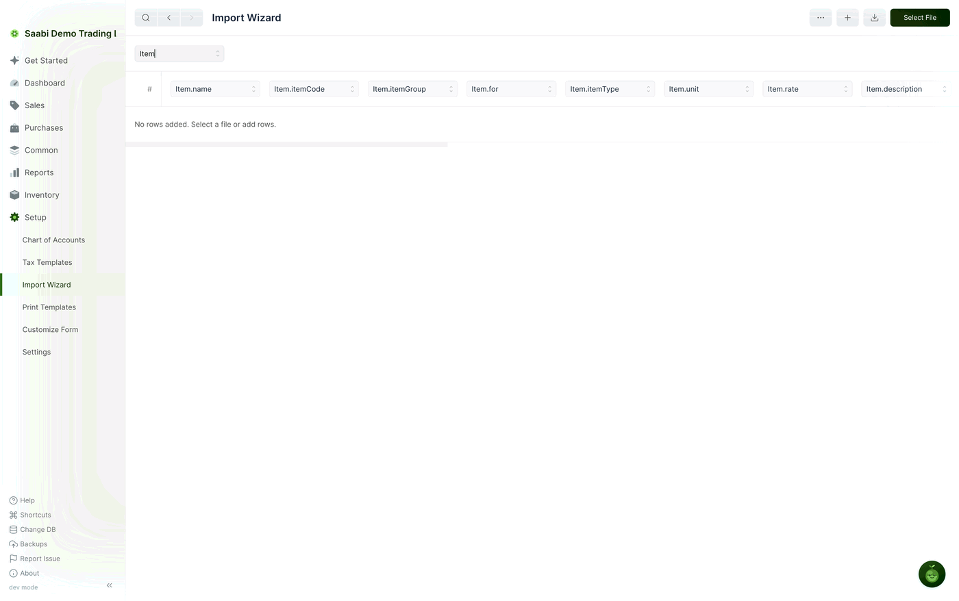 The Import Wizard set to Item. Each column heading is a dropdown that assigns the column to a field
