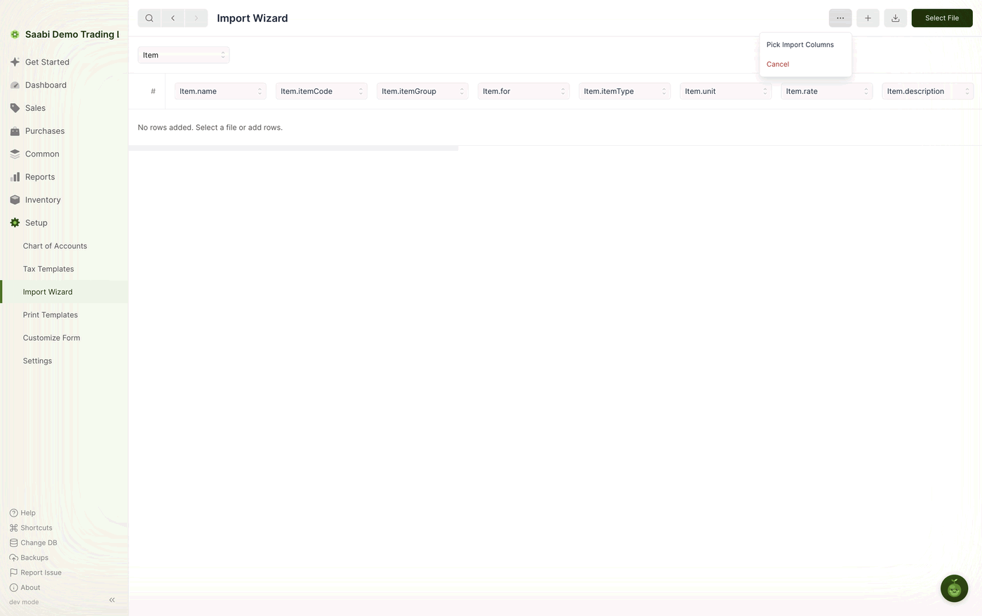 The … menu, which holds Pick Import Columns