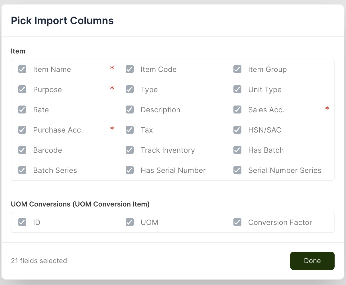 The Pick Import Columns dialog for Item. Fields marked with a red asterisk are required; the footer counts the current selection