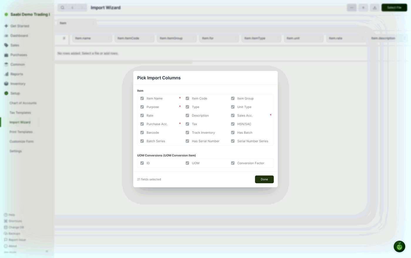 The full Pick Import Columns dialog. Untick the fields you do not need before downloading the template, so the spreadsheet has only the columns that matter