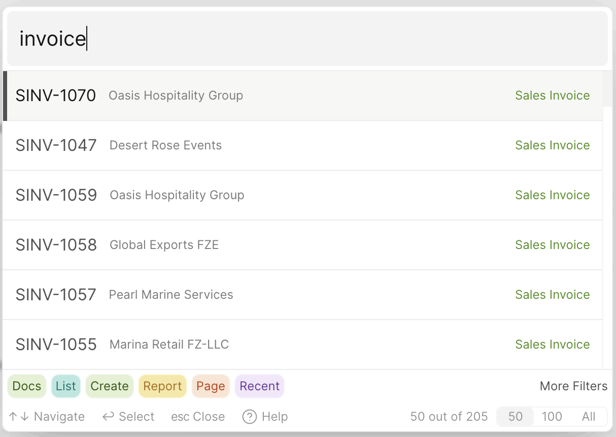 Results for the term "invoice" in close-up. The type label on the right tells you what each row will open, and the footer reports how many of the total matches are shown